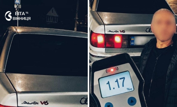 Патрульні перевіряють водія на алкоголь приладом Драгер уночі на вулиці Брацлавській у Вінниці Патрульні перевіряють водія на алкоголь приладом Драгер уночі на вулиці Брацлавській у Вінниці
